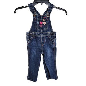 OshKosh Bgosh Toddler Girls Vestbak Overalls 18mo Blue Denim Embroidered Hearts